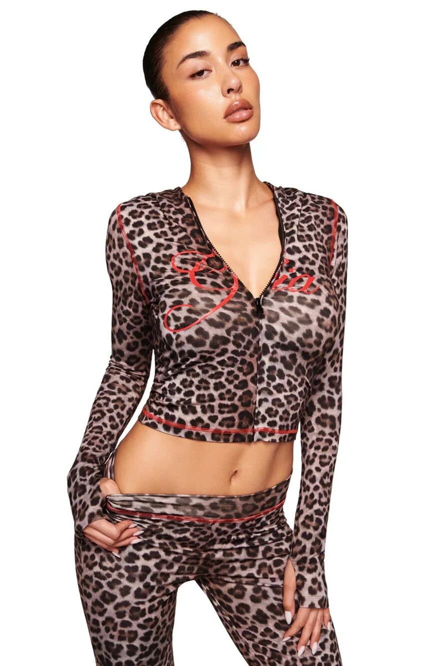 NEW I.AM.GIA Women's Leopard Animal Print Zip Up Crop Hoodie Size M